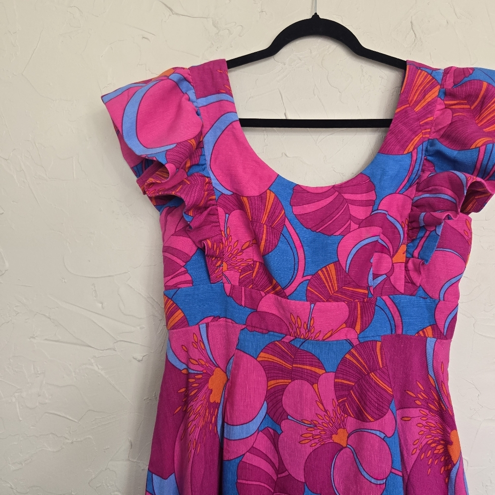 Tuckernuck Cameran Eubanks Linen Pink Blue Floral Wild Azalea Edisto Dress, L - Picture 4 of 11